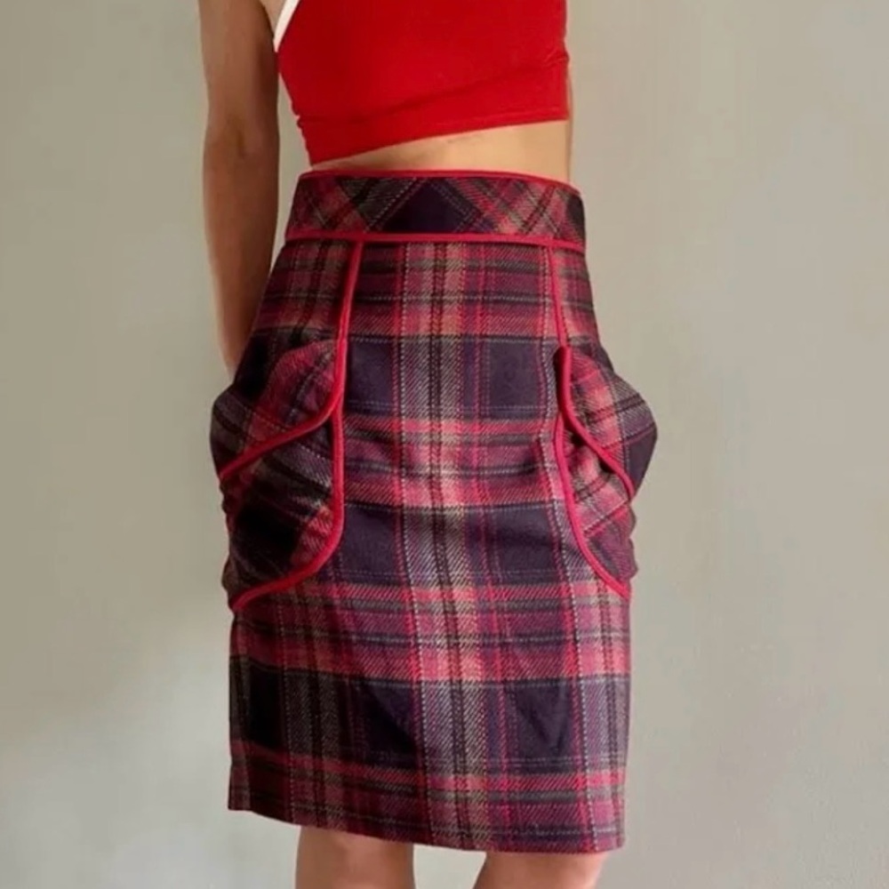 Anthropologie Plenty Tracy Reese Glassbury Red Blue Plaid Pencil Pocket Skirt